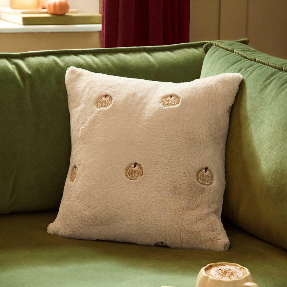 Furn Autumn Pumpkins Embroidered Natural Faux Fur Cushion 45 x 45cm Image 2