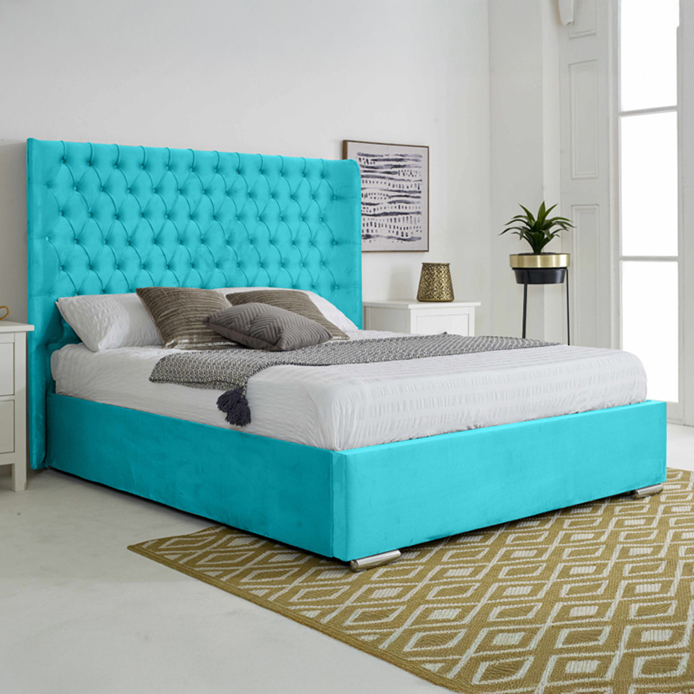 Eleganza Home Woodlake Small Double Teal Plush Velvet Bed Frame with Chesterfield Headboard Image 1