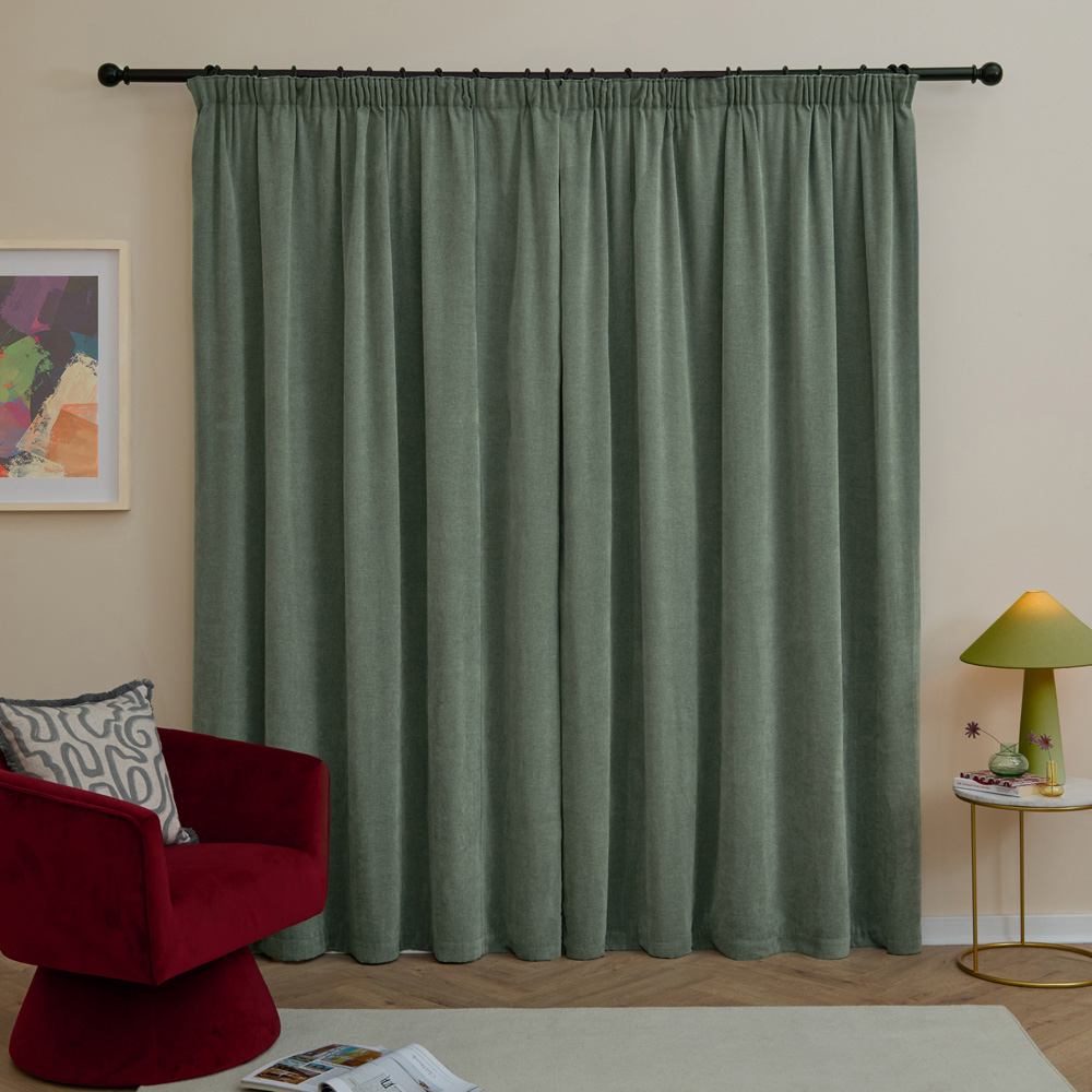 Furn Soft Chenille Green Blackout Pencil Pleat Curtains 117 x 183cm Image 2