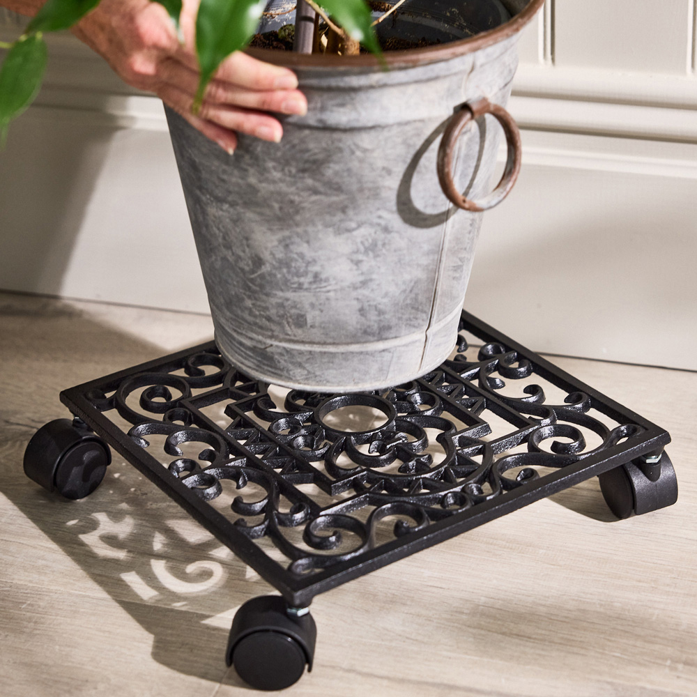 Dibor Oak Brown Cast Iron Spiral Motifs Rolling Plant Stand Image 2