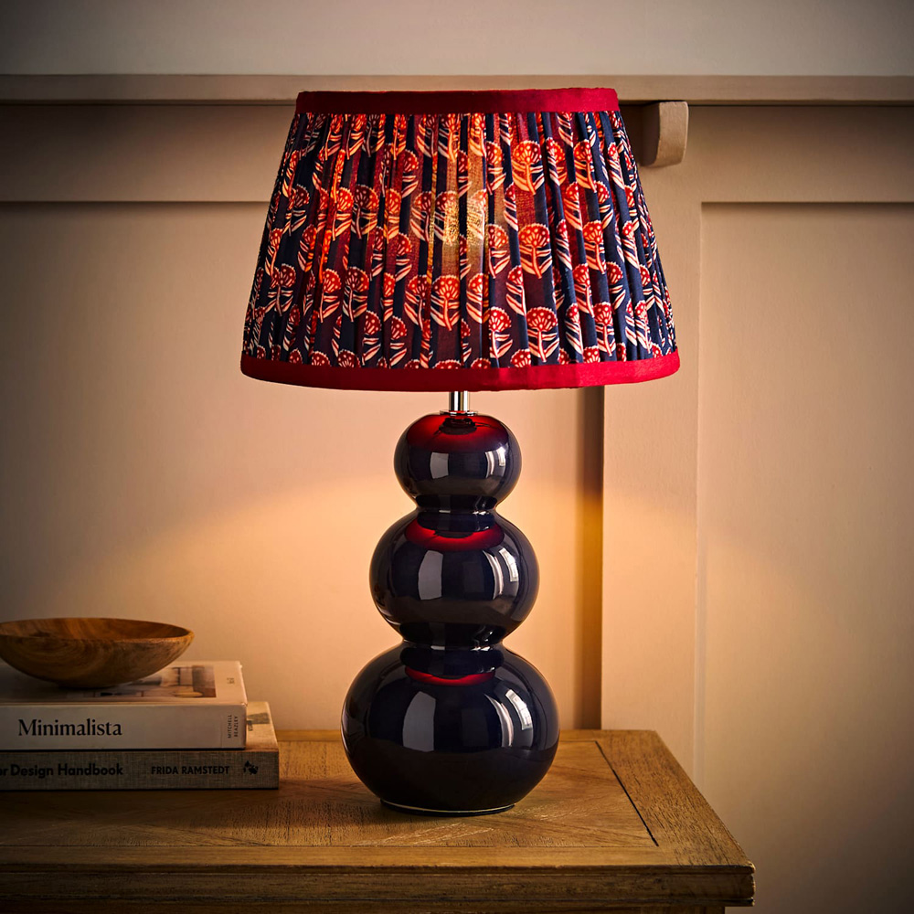 ValueLights Edie Floral Pleated Shade Navy Bobble Ceramic Table Lamp with Bulb Image 2