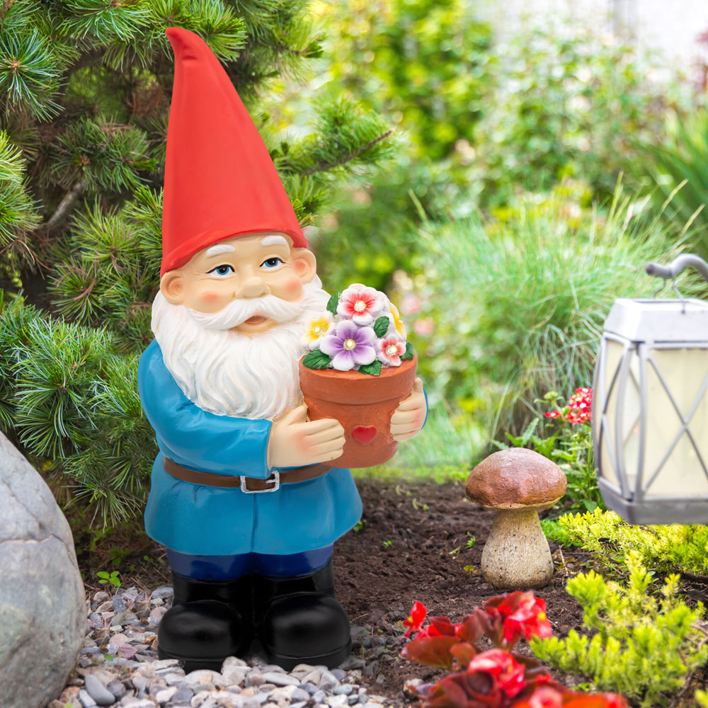 GardenKraft LED Solar Gnome with Flower Pot Light Up Garden Ornament Image 2
