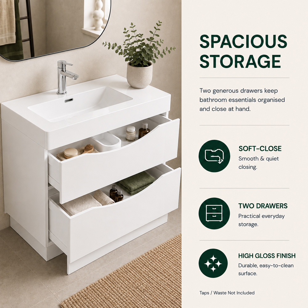 Go Bathrooms Erin 2 Drawer Gloss White Floorstanding Vanity Unit with Resin Basin 900mm Image 4