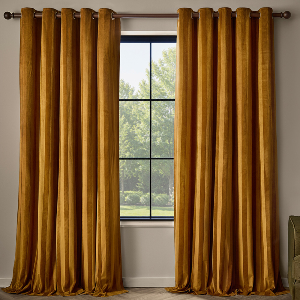Paoletti Antique Gold Stripe Velvet Lined Eyelet Curtains 168 x 183cm Image 1