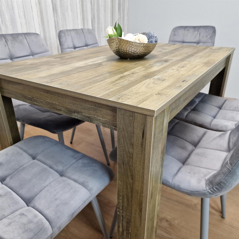 Portland 6 Seater Velvet Dining Set Rustic Effect and Grey Image 2