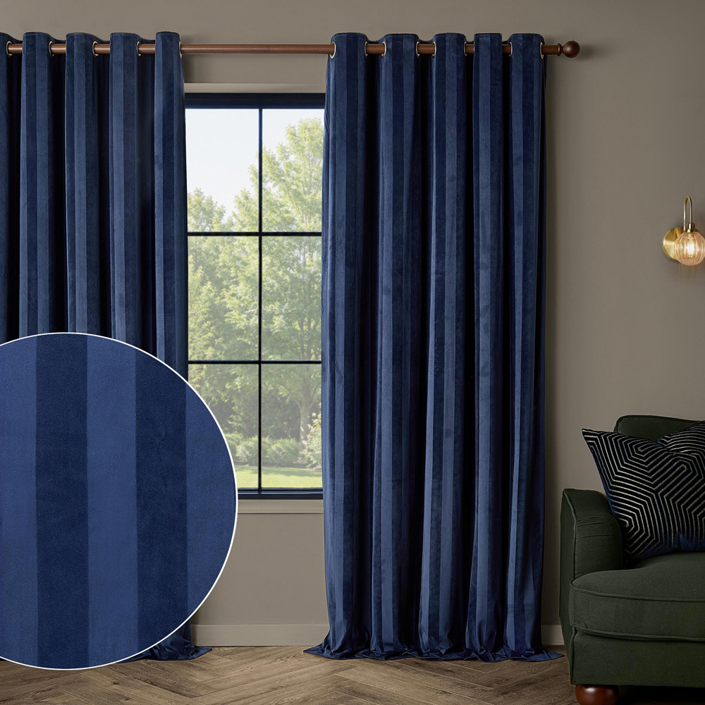 Paoletti Regency Midnight Stripe Velvet Lined Eyelet Curtains 117 x 183cm Image 2