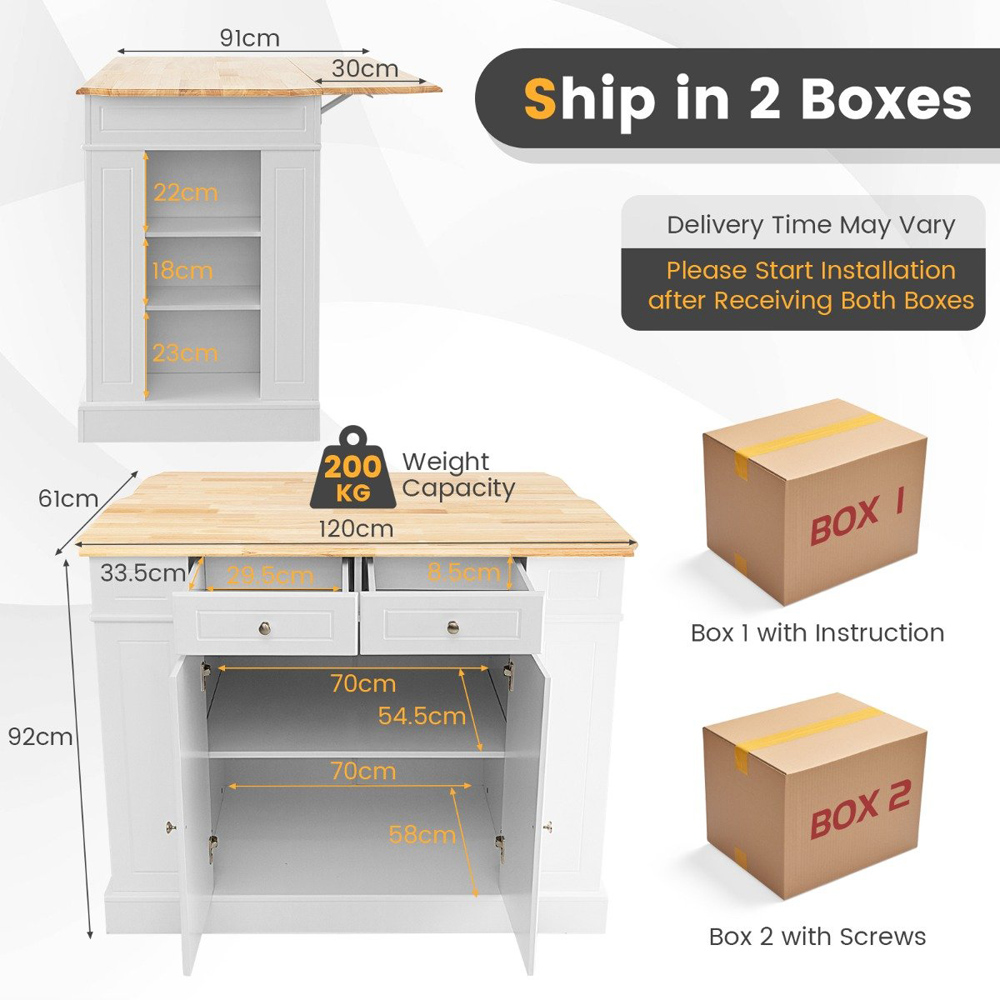 Costway White Extendable Worktop Drop Leaf Kitchen Island with Adjustable Shelf Image 9