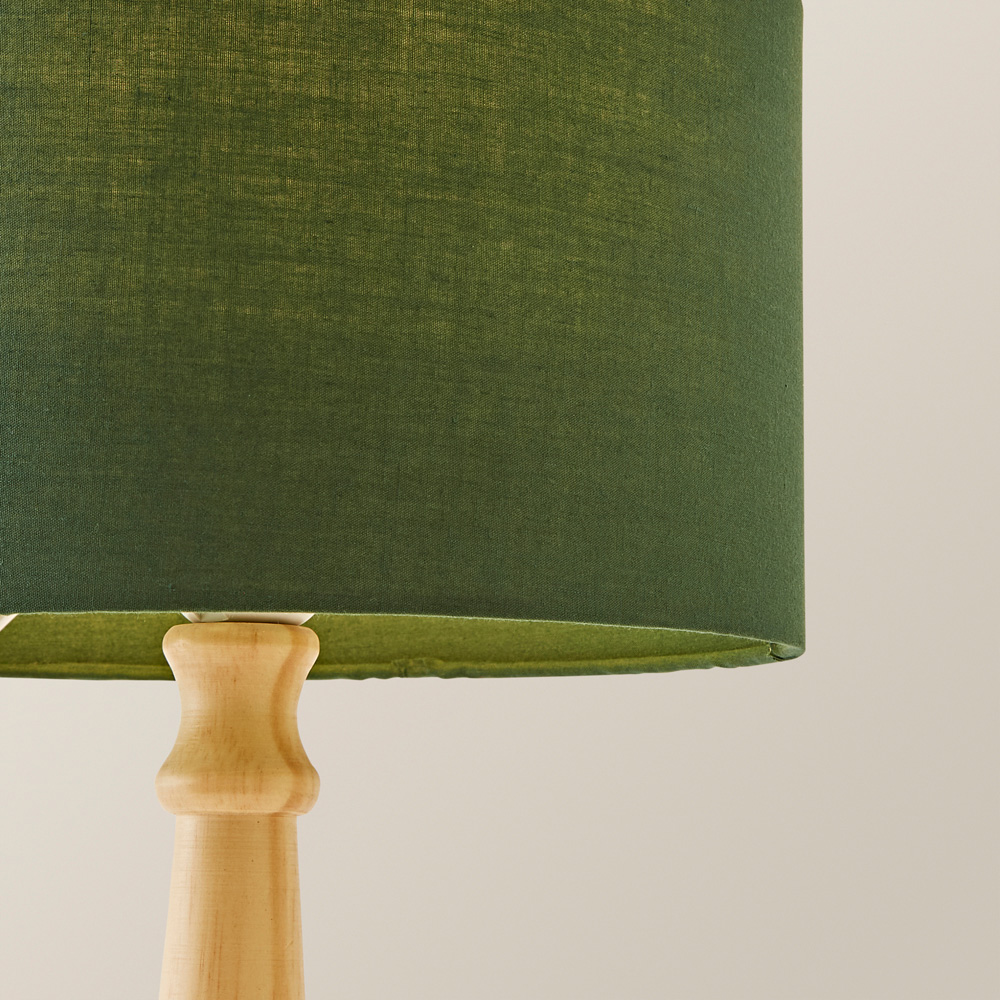 ValueLights Victoria Green Fabric Drum Shade Light Wood Traditional Stem LED Table Lamp Image 3