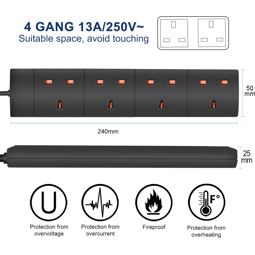 ExtraStar 4 Way Black 13A Extension Lead 2m Image 6