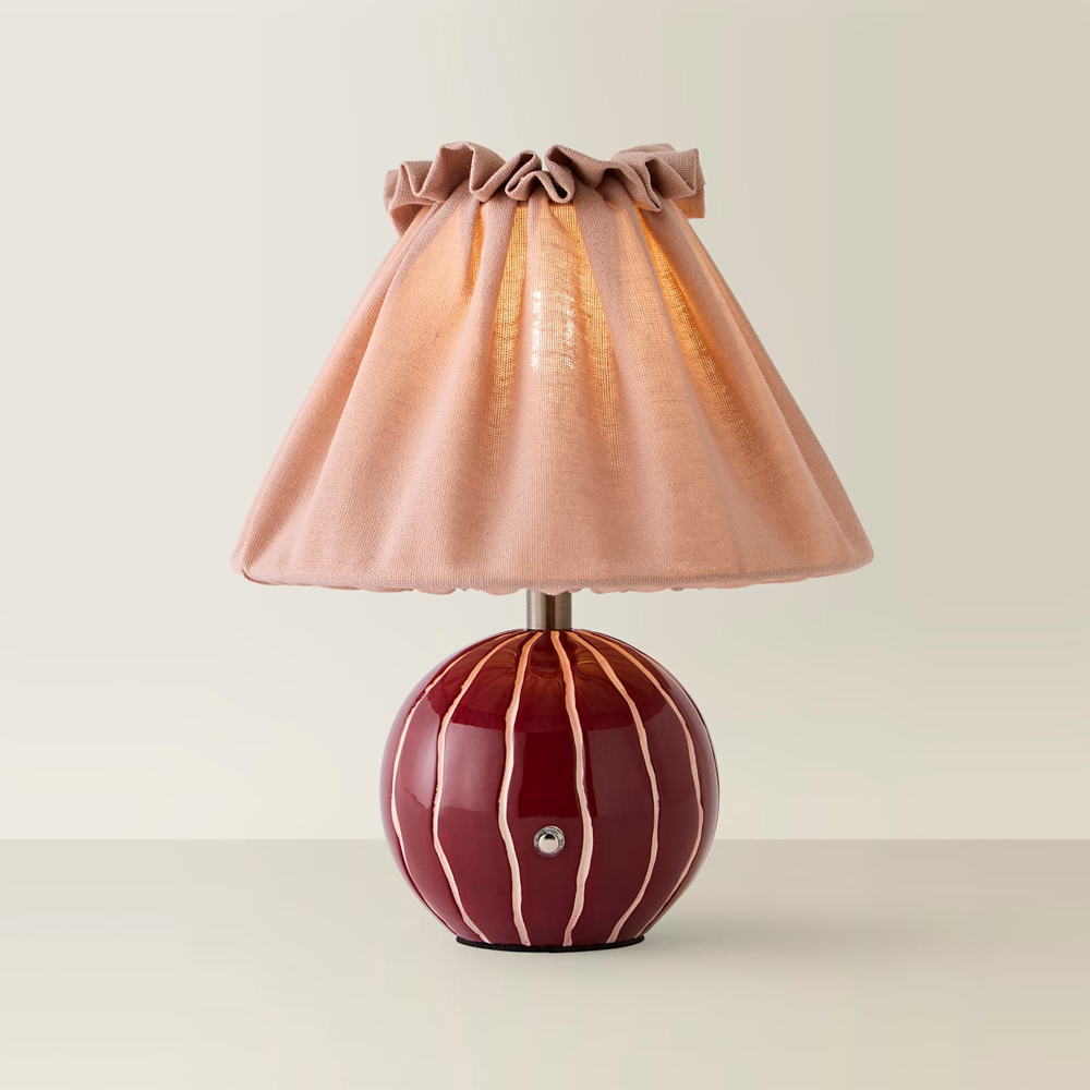 ValueLights Elma Pleated Linen Burgundy Stripe Ceramic Rechargeable Table Lamp Image 3