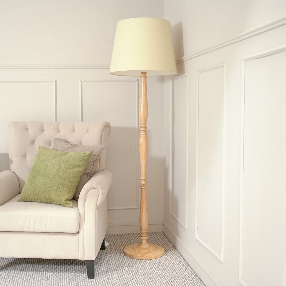 ValueLights Victoria Beige Fabric Tapered Shade Light Wood Traditional Stem LED Floor Lamp Image 3