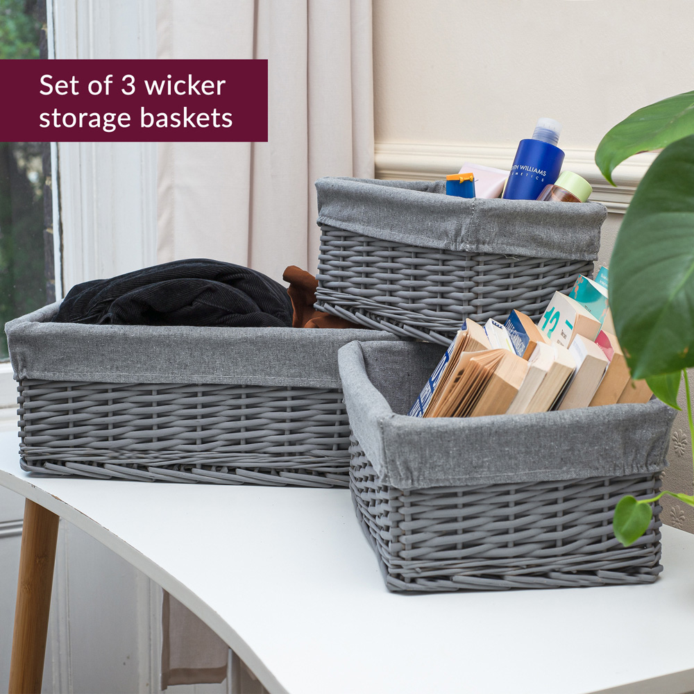 Innoteck Essentials Grey Wicker Storage Basket with Cloth Lining 3 Pack Image 5