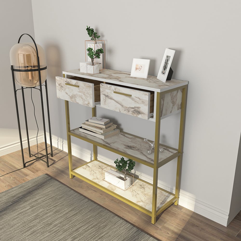 Decorotika Latho 2 Drawer and 2 Shelf White Marble Effect Sideboard Image 4
