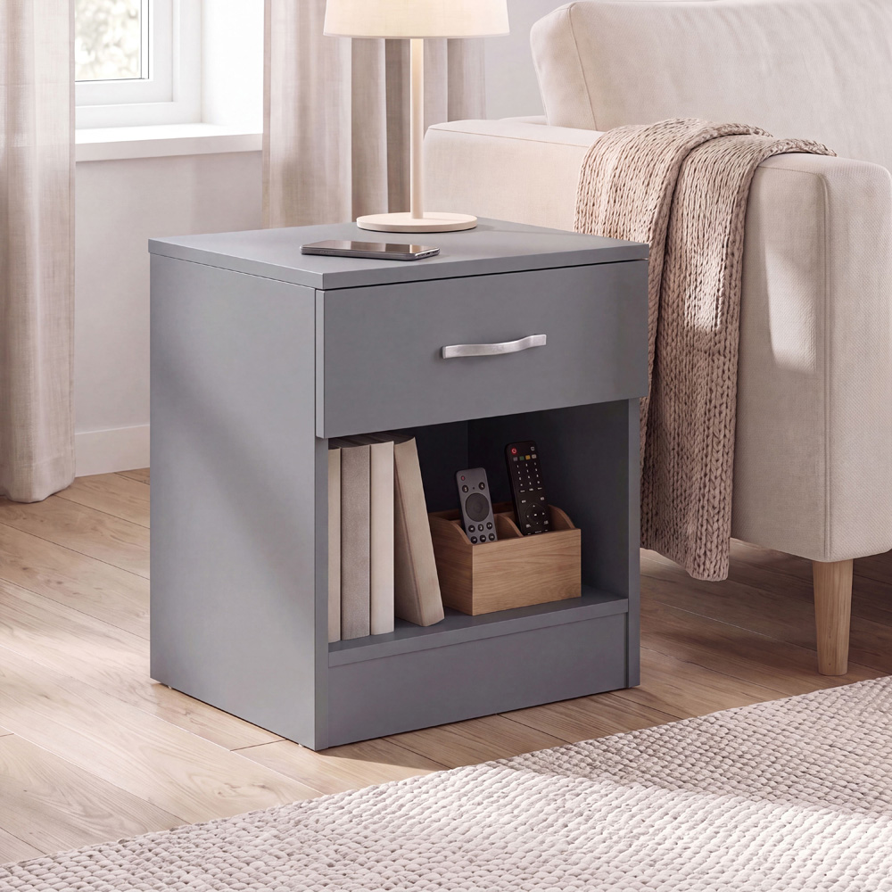 Vida Designs Riano Single Drawer Single Shelf Grey Melamine Finish Bedside Table Set of 2 Image 3