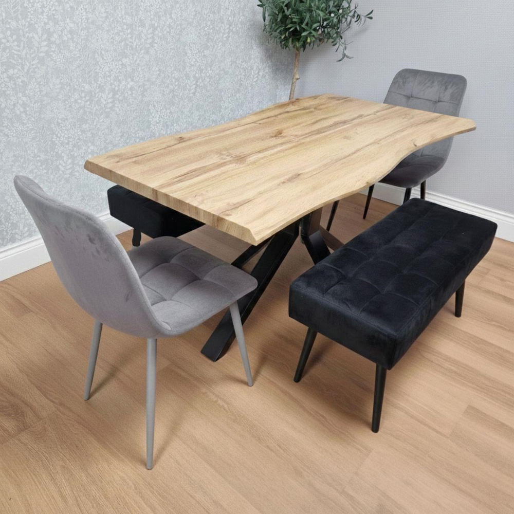 Portland 6 Seater Grey and Black Dining Table Set with Velvet Chairs and Wooden Benches Image 2