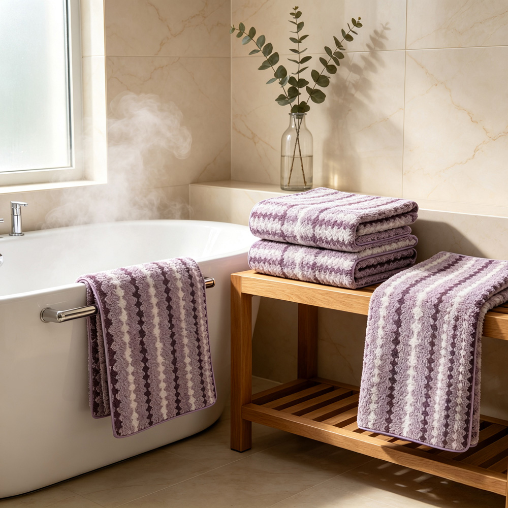 Living and Home Soft Polyester Purple Zigzag Wave Towel Set of 4 Image 2