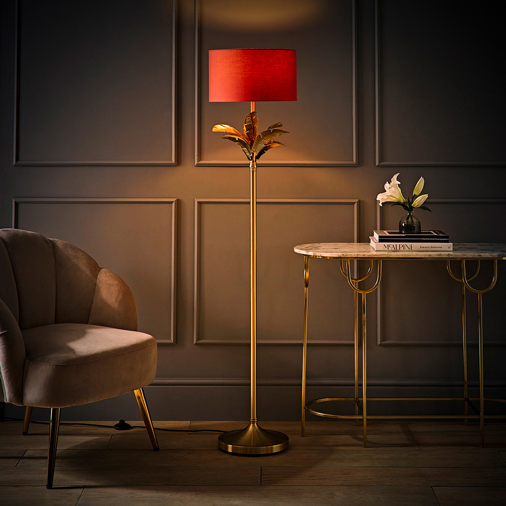 ValueLights Christina Rust Red and Gold Palm Leaf Single Stem Floor Lamp and Bulb Image 2
