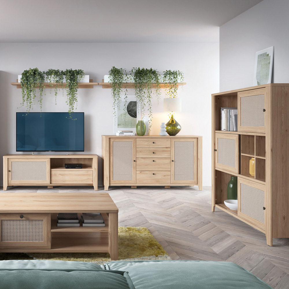 Florence Cestino 2 Door 4 Drawer Oak and Rattan Effect Sideboard Image 5