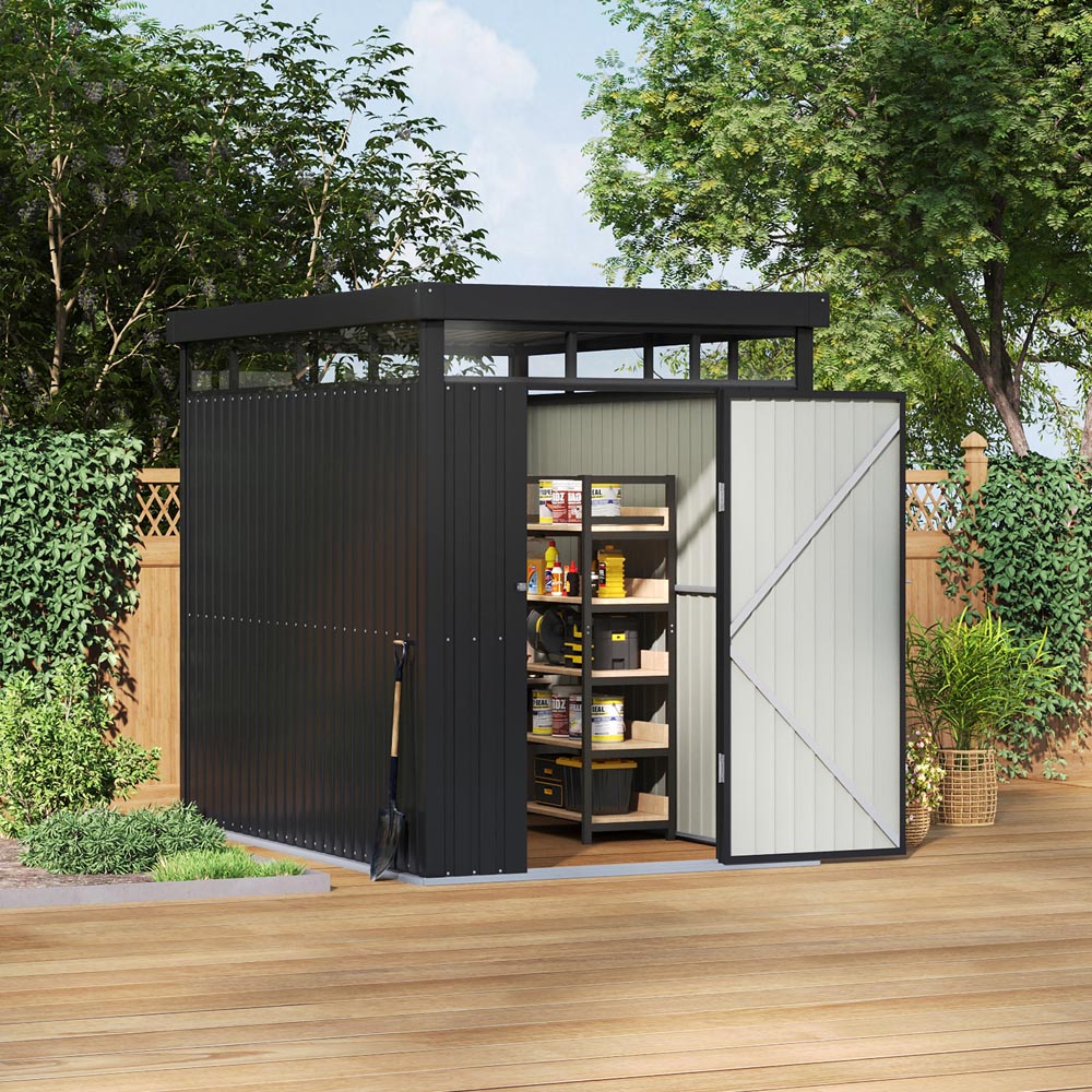 Living and Home 5 x 8ft Anthracite Metal Pent Garden Storage Shed Image 2