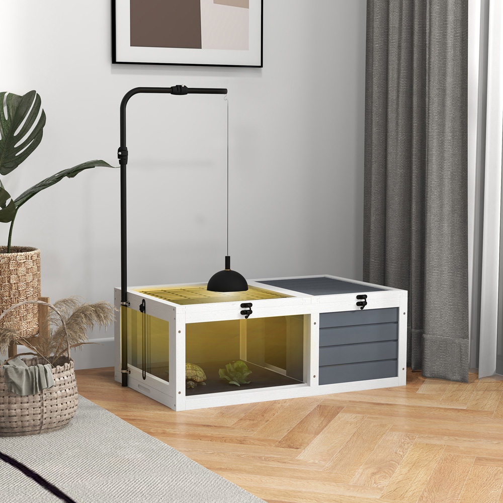 PawHut Grey Wooden Tortoise House with Adjustable Lamp Holder Image 2