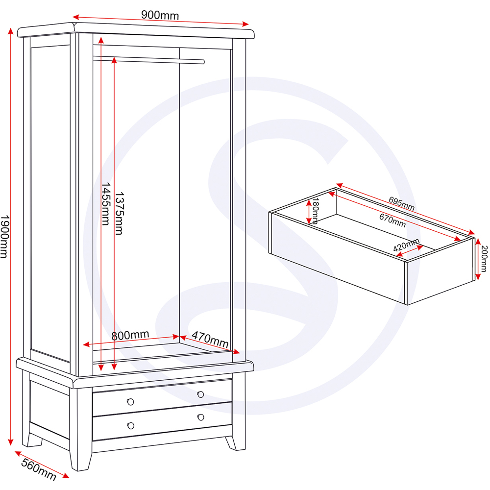 Seconique Windsor 2 Door Single Drawer Natural Oak Wardrobe Image 9