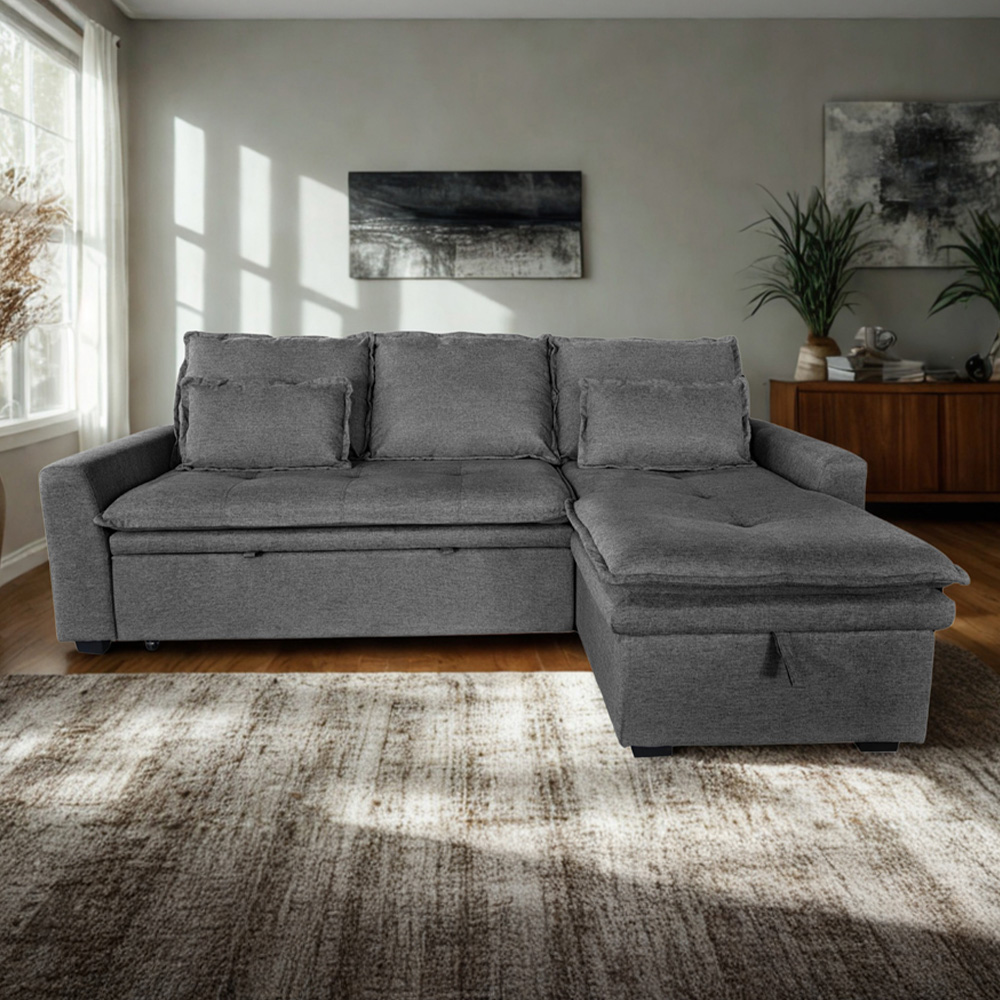 DS Living Lucca 3 Seater Grey Fabric L-Shape Pull Out Corner Sofa Bed ...