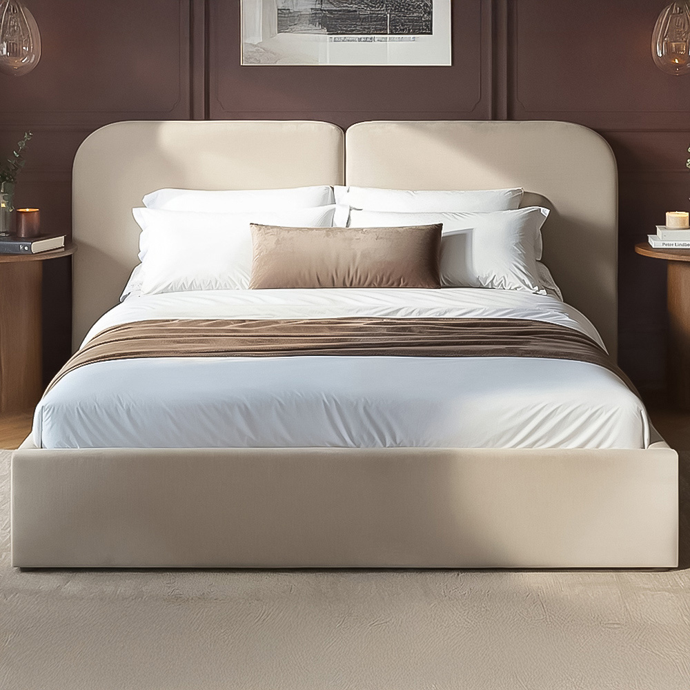 Solace+Co Lena King Size Beige Velvet Ottoman Bed Image 1