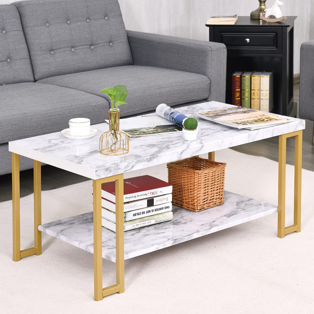 Costway Single Shelf Marble Print Coffee Table with Metal Frame Image 1