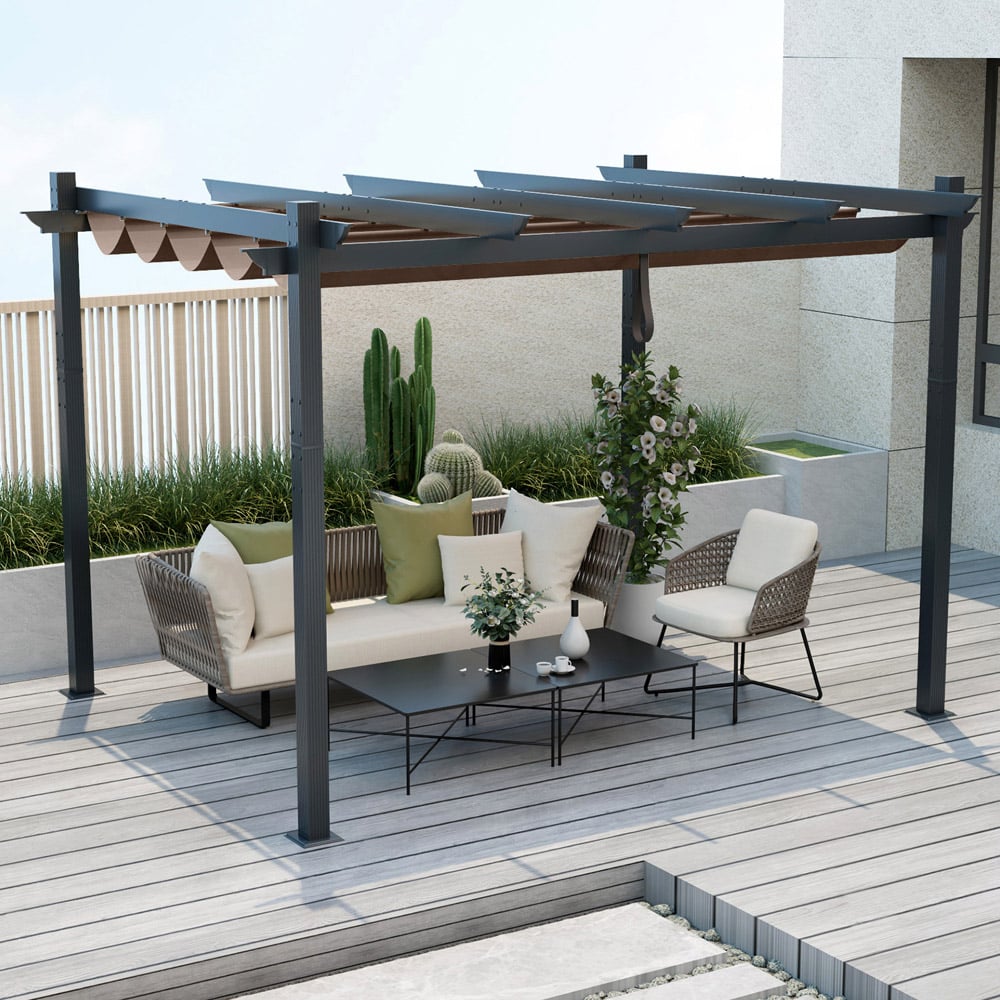 Costway 2.9 x 3.6m Coffee Retractable Pergola with Canopy Cover Image 1