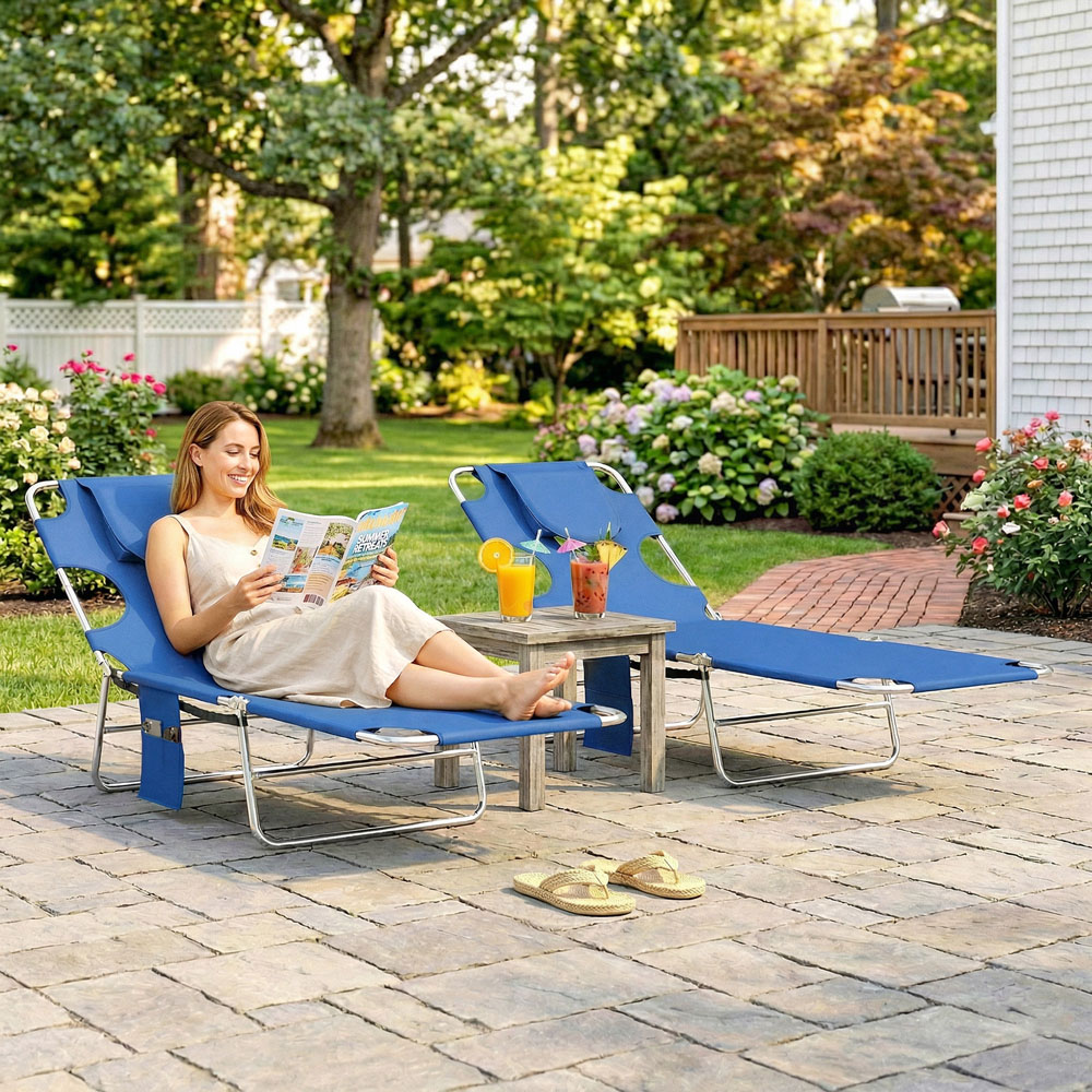 Outsunny Set of 2 Blue Foldable Sun Lounger with Reading Hole Image 3