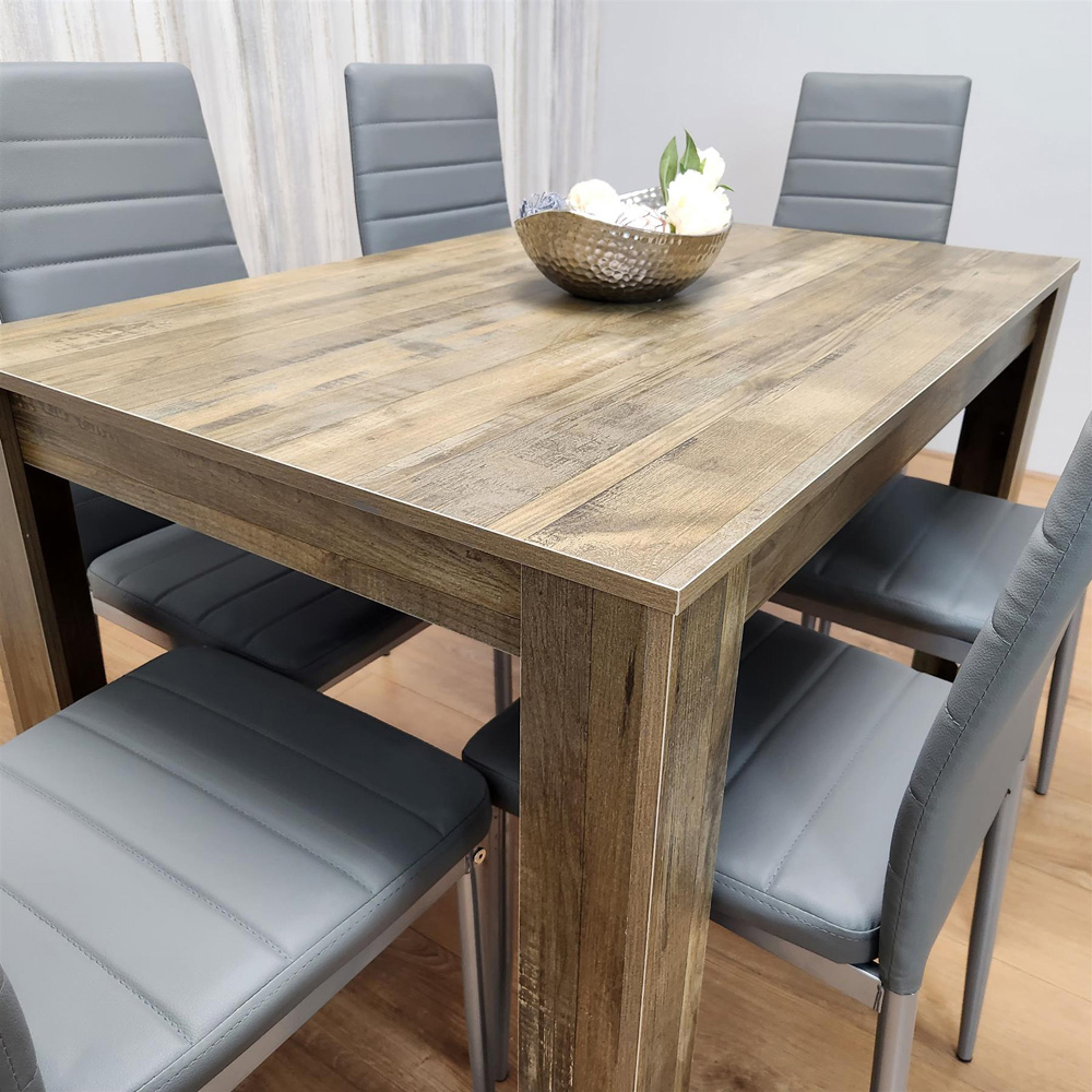 Portland 6 Seater Dining Set Rustic Effect and Grey Leather Image 2