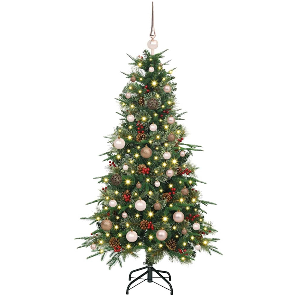 vidaXL Pre-Lit Rose Gold Baubles Green Artificial Hinged Christmas Tree 5ft Image 1
