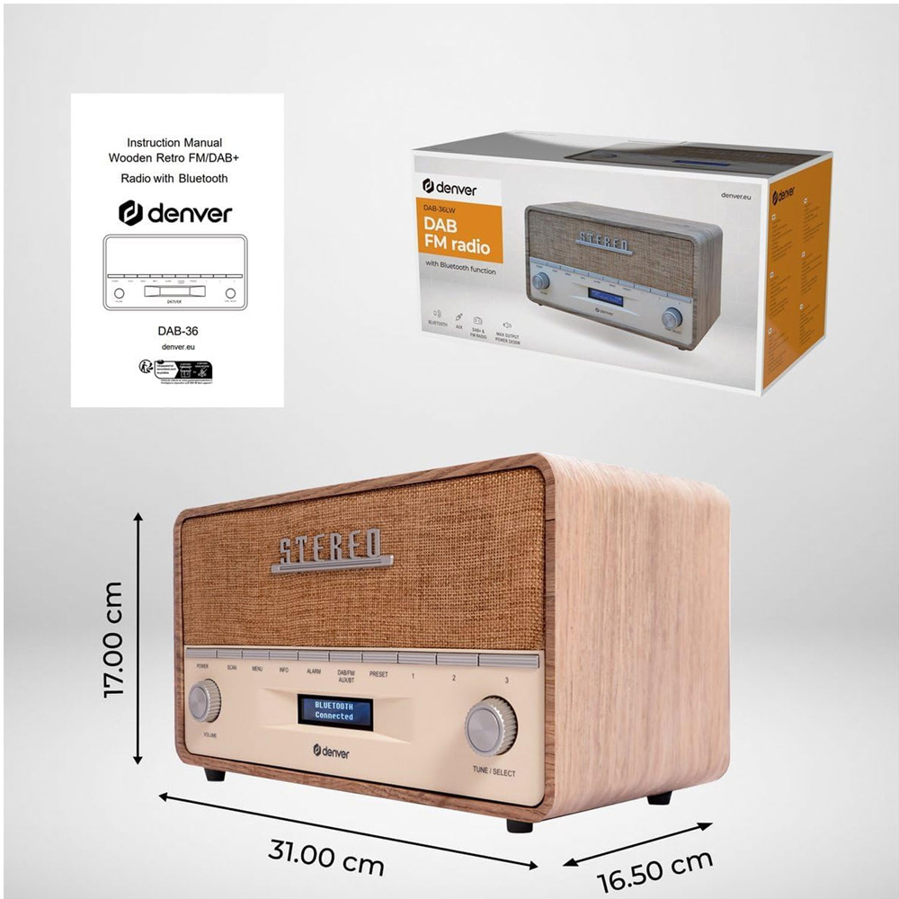 Denver DAB-36 Light Wood Vintage Bluetooth DAB and DAB+ FM Radio Image 6