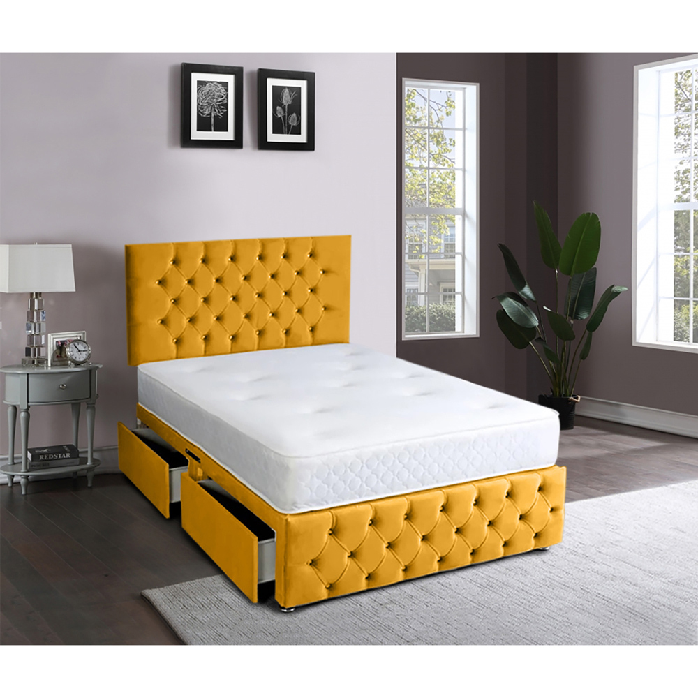 Eleganza Home Serenova Small Double Mustard Plush Velvet 2 Drawer Divan Bed with Headboard Image 2