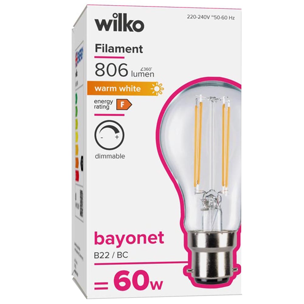 Wilko 1 Pack Bayonet B22/BC LED Filament 806 Lumens Standard Dimmable Light Bulb Image 1