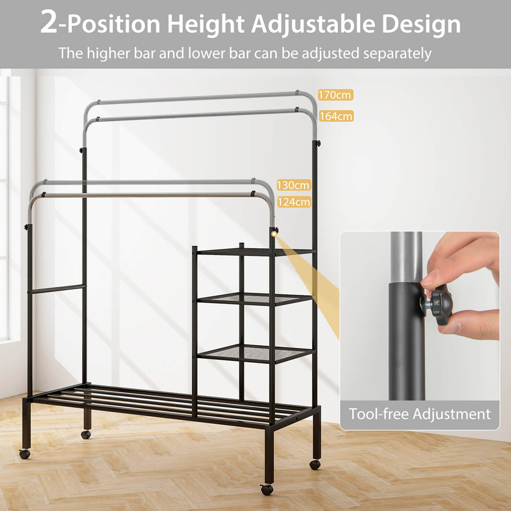 Costway 4 Shelf 2 Hanging Bars Black and Silver Rolling Clothes Rack Image 5