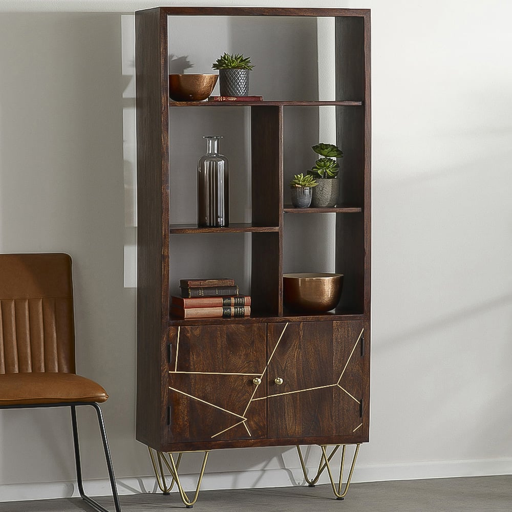 Brooklyn Ozella 2 Door 5 Shelf Dark Gold Large Bookcase Image 1