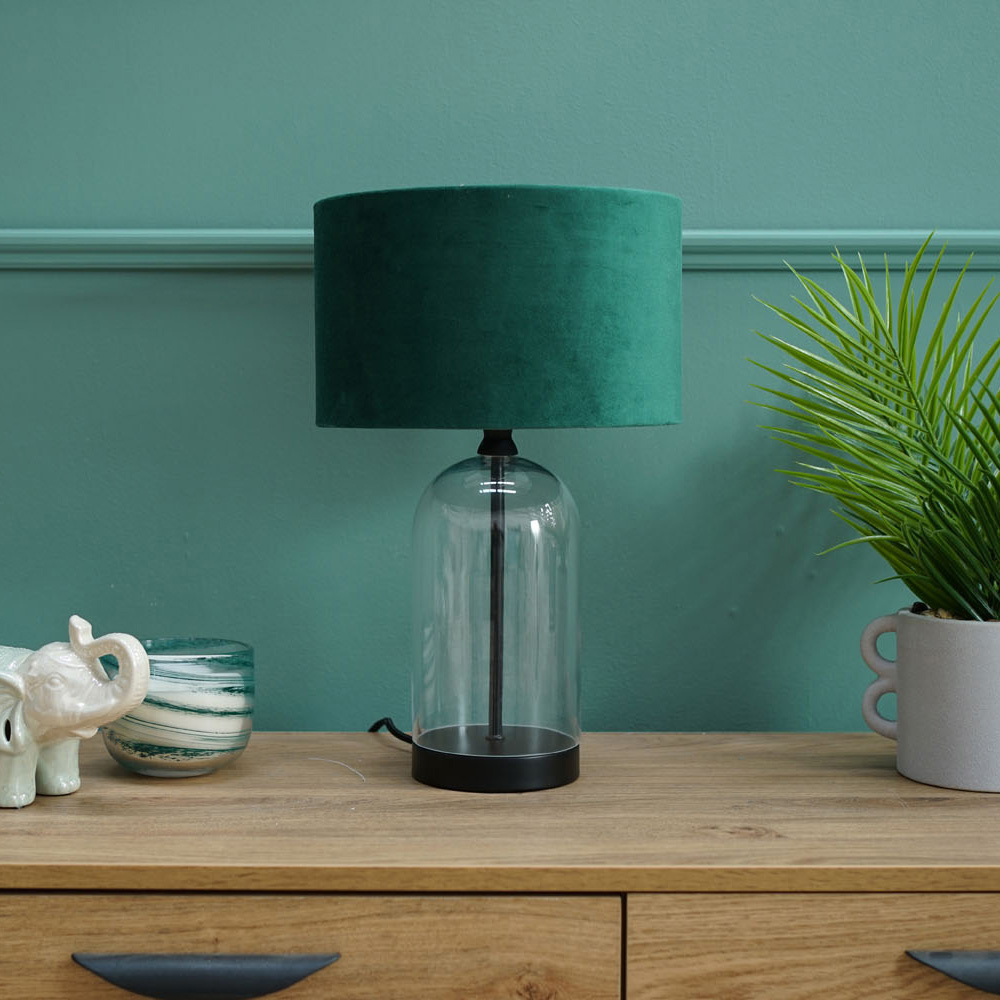 ValueLights Jessy Black and Forest Green Velvet Shade Glass LED Table Lamp Image 2