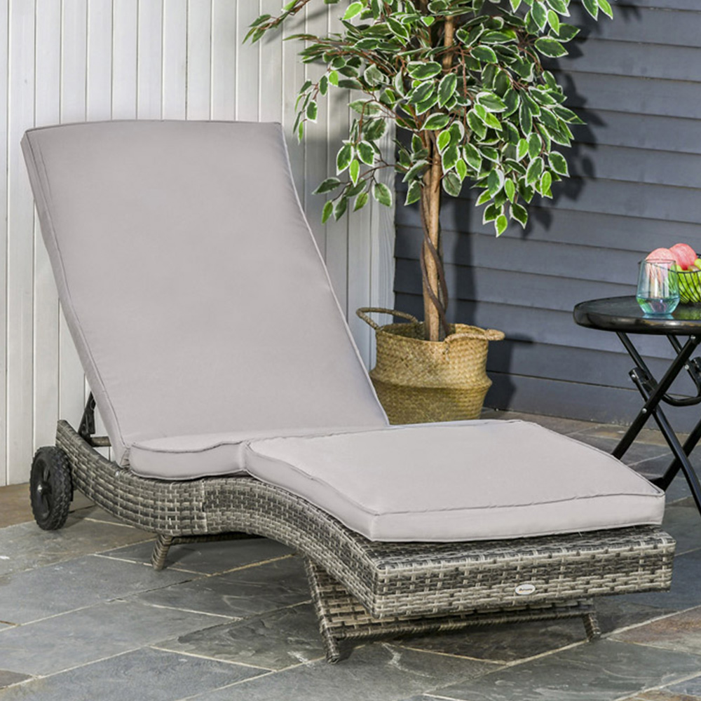 Outsunny Grey Rattan Sun Lounger with Wheels Image 1