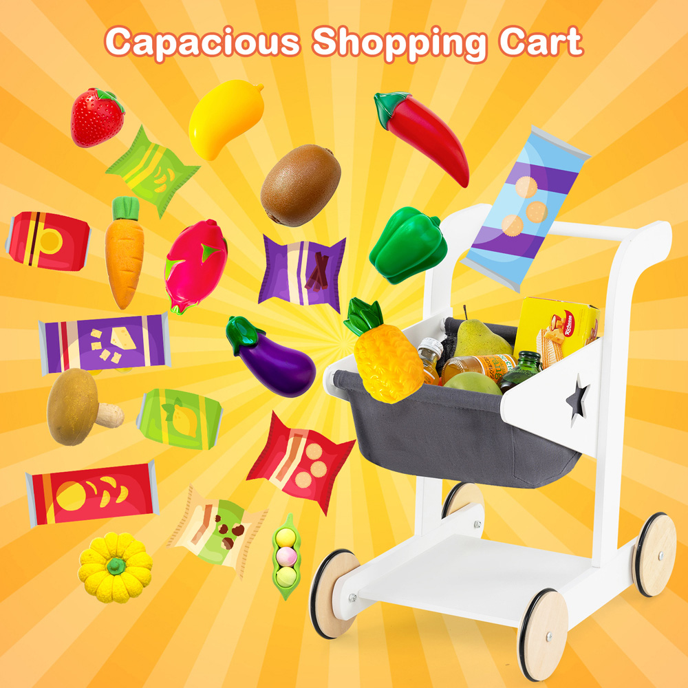 Costway White Pretend Grocery Store Play Set with Shopping Cart and 2 Chalkboards Image 6