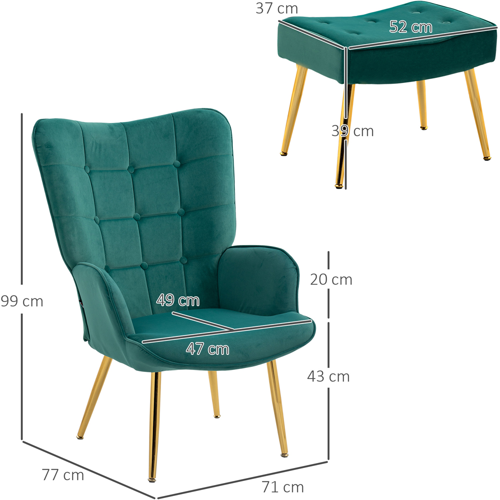 HOMCOM Dark Green Velvet Upholstered Accent Chair with Footstool Image 9