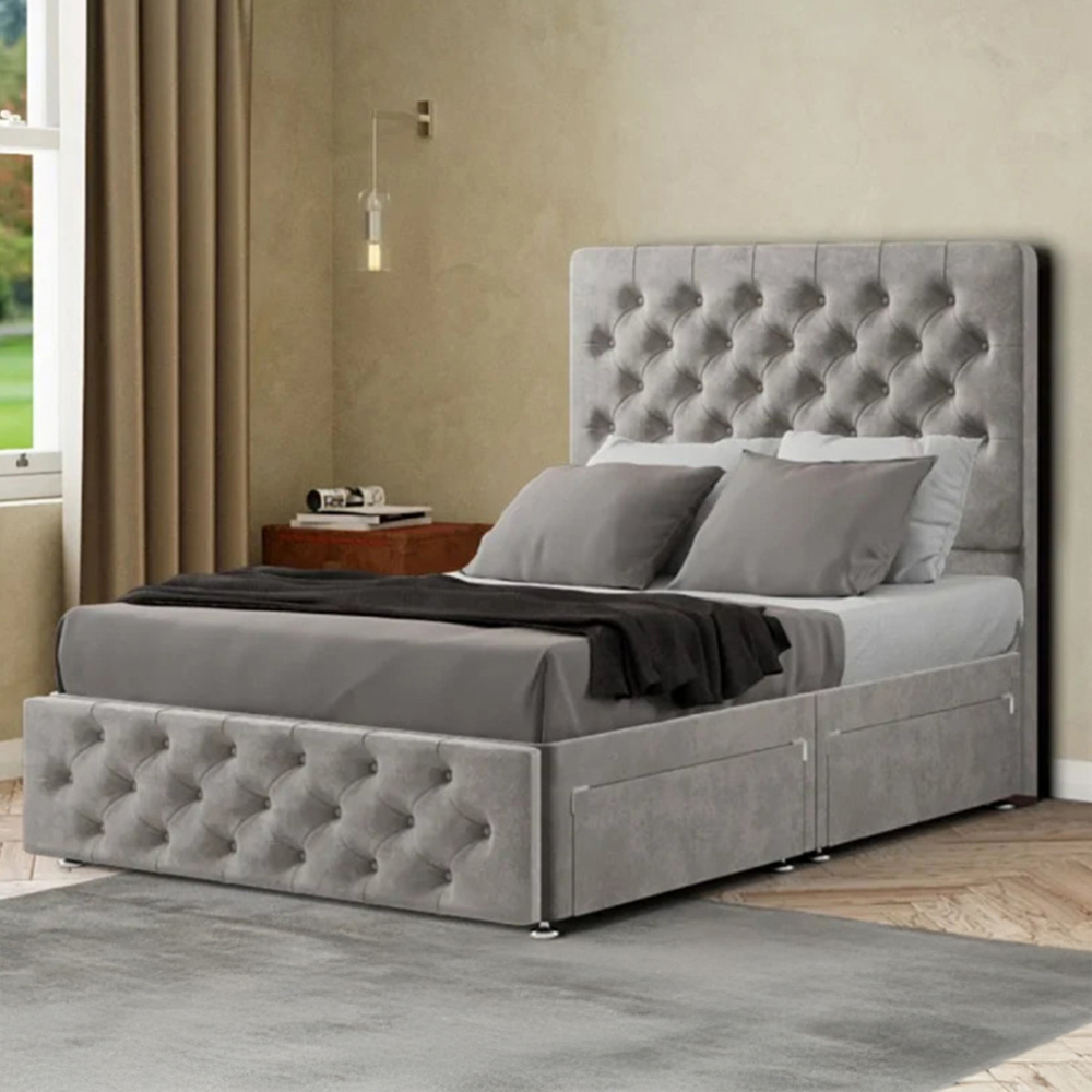 Portland Mary Chesterfield Double Silver Plush Divan Bed with 2 Drawer and Headboard Image 1