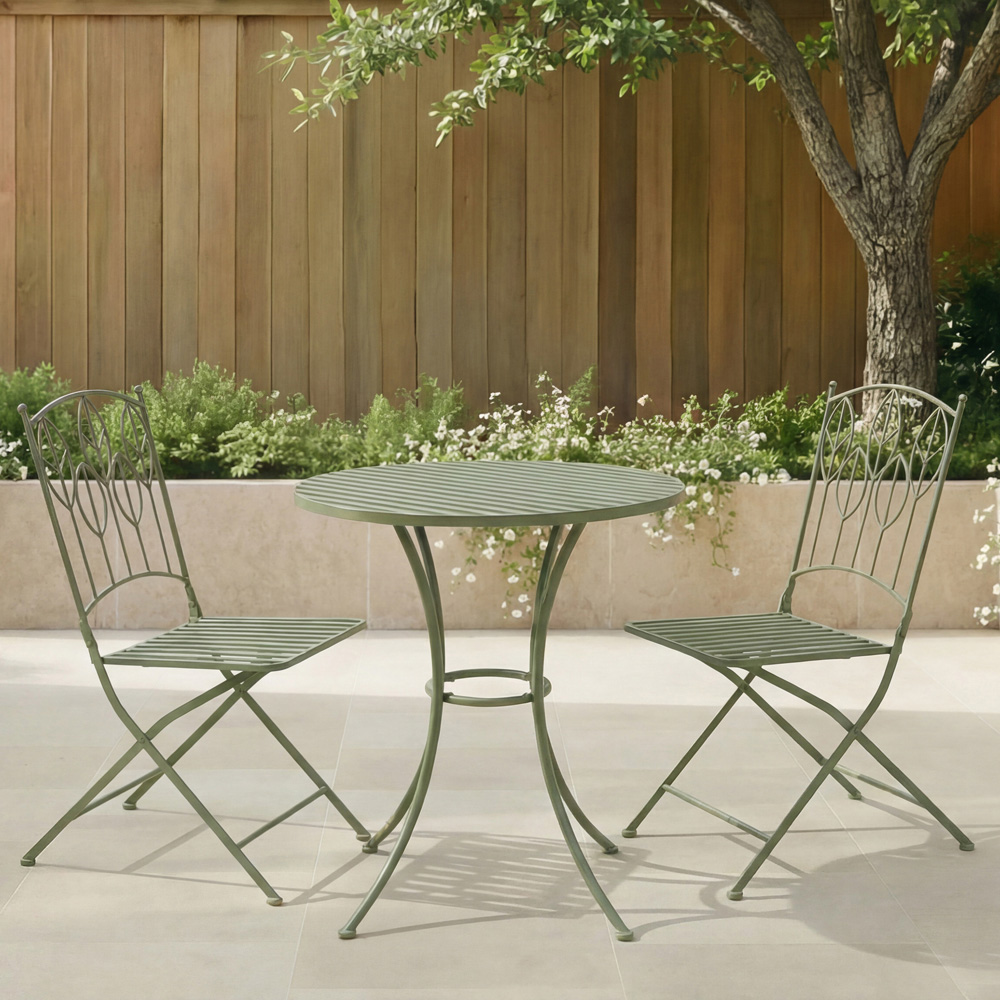 Charles Bentley 2 Seater Sage Green Rustic Metal Leaf Pattern Foldable Garden Bistro Set Image 7