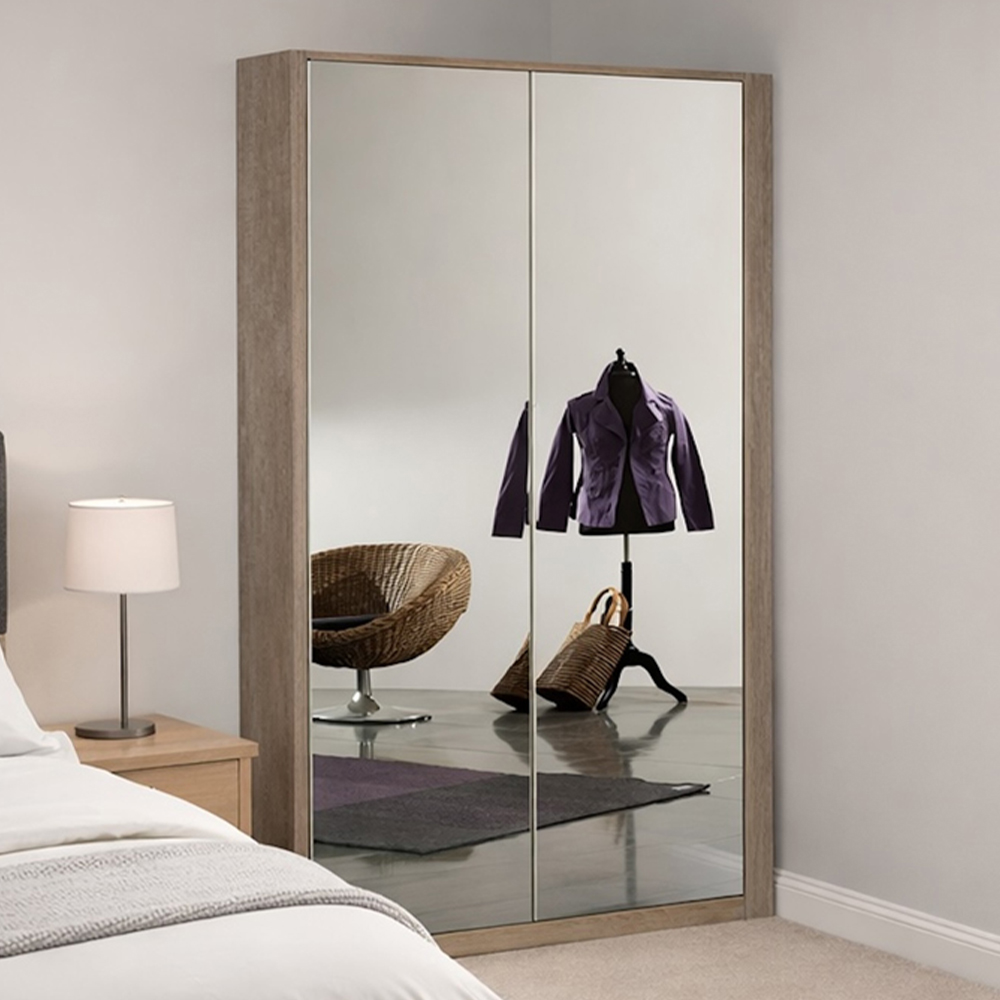 TJ'S Omega 2 Door Oak Mirrored Corner Wardrobe Image 1