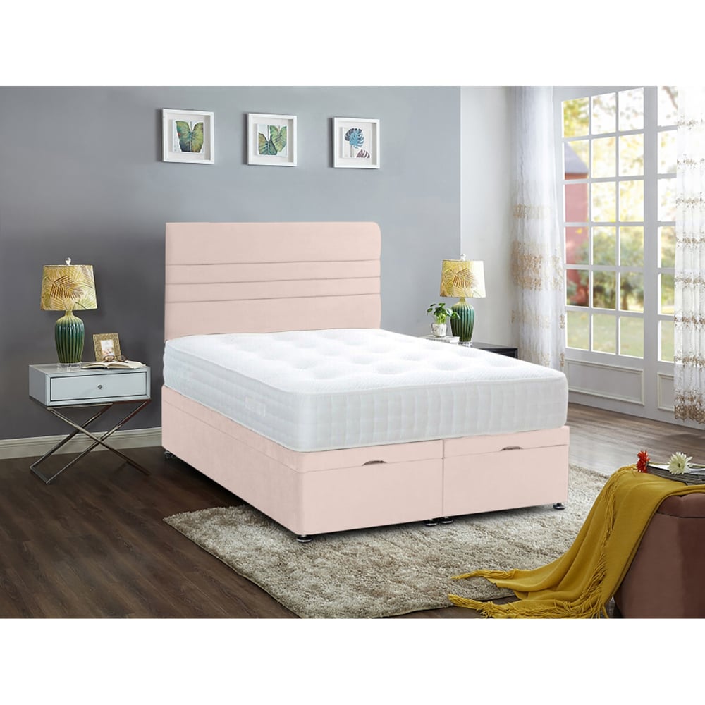 Eleganza Home Napster Double Blush Plush Velvet Divan Ottoman Bed with Lined Headboard Image 2