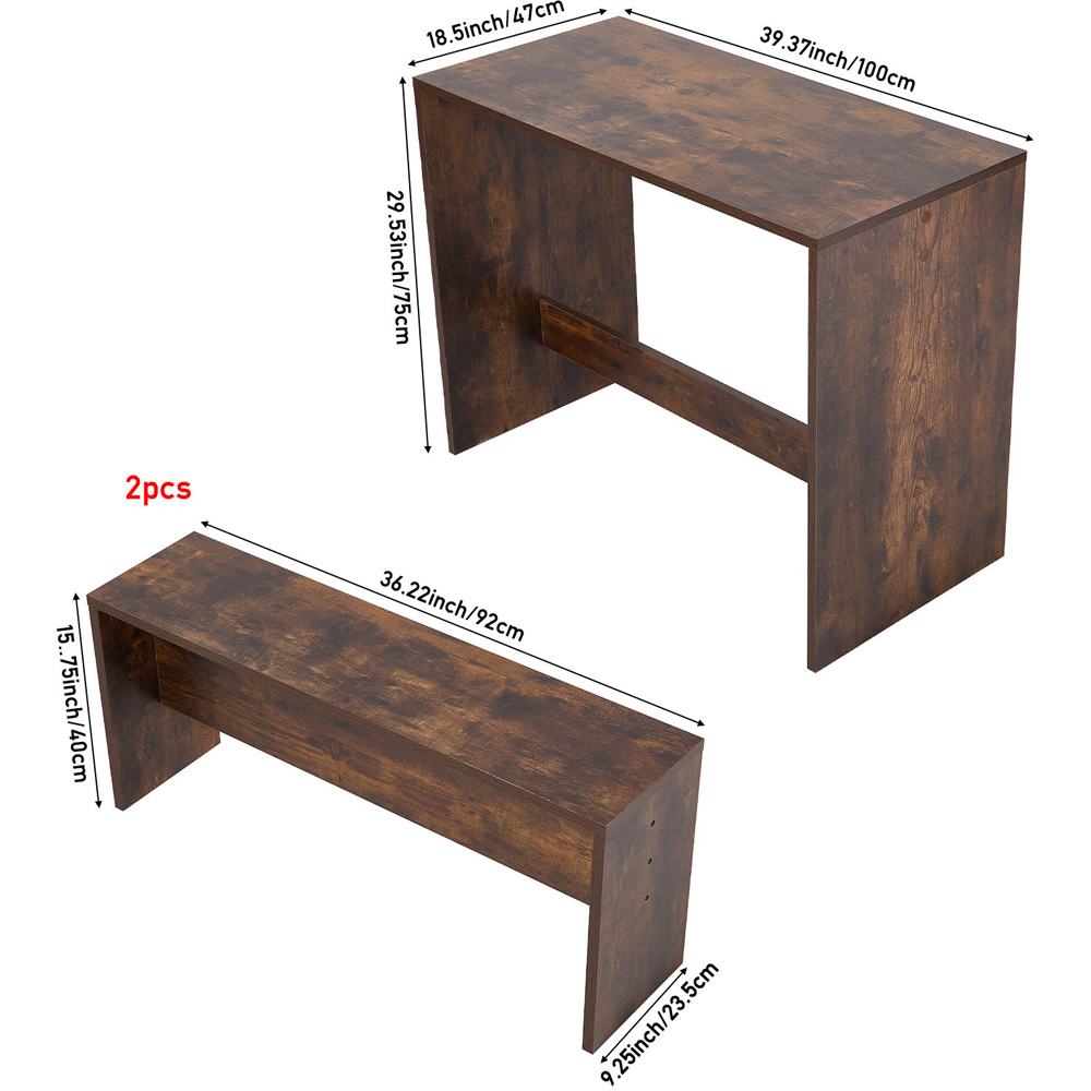 Living and Home 2 Seater Dining Bench Set Brown Wood Grain Image 9