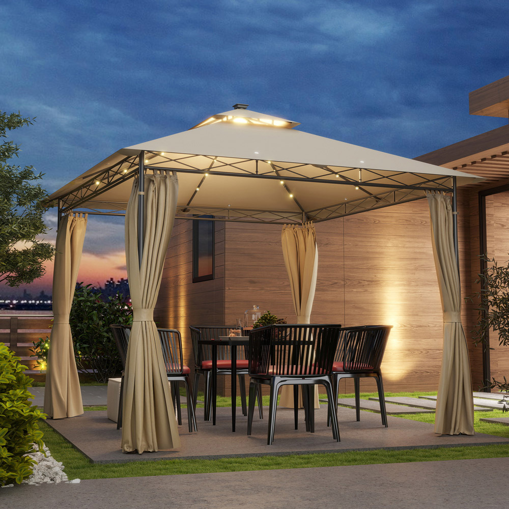 Outsunny 3 x 3m Beige Double Roof Outdoor Gazebo with Curtains Image 4