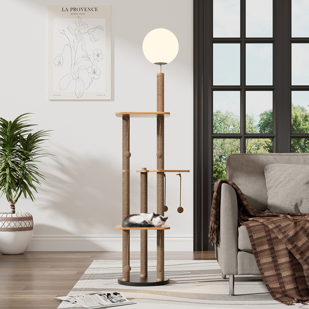 H&O Direct 188cm 3 Perch Natural Cat Tree with LED Floor Lamp Image 2