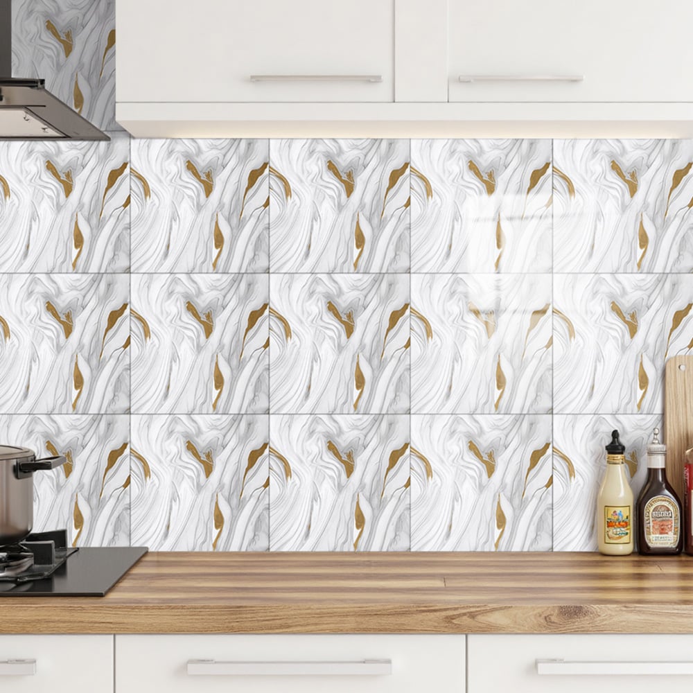 Living and Home Marble Patterned White and Gold PVC Self Adhesive Wall Sticker 10 Pack Image 8