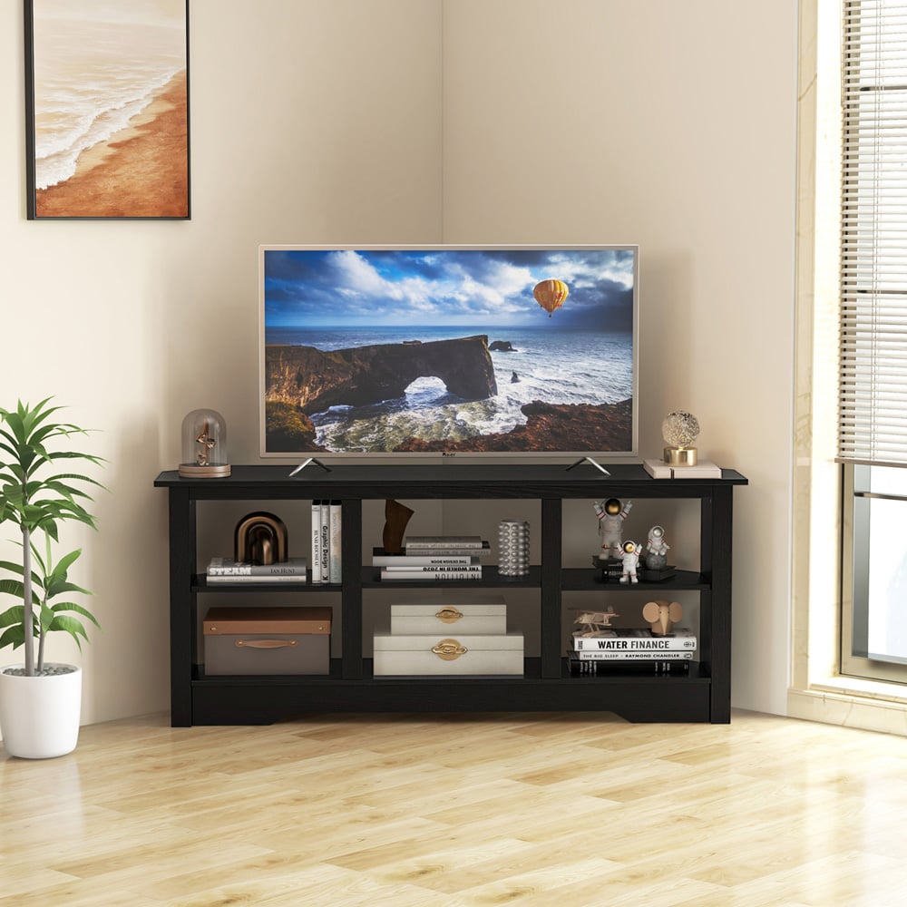 Costway Black TV Stand with 6 Storage Shelves Image 4